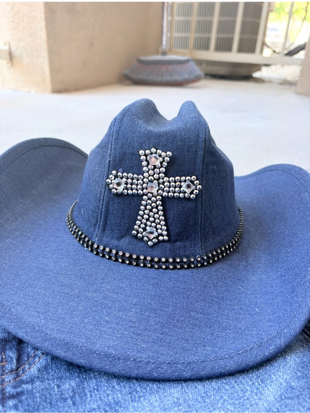 Denim Blue Rhinestone Crystal Cross Western Cowboy Hat - Picture 3 of 4